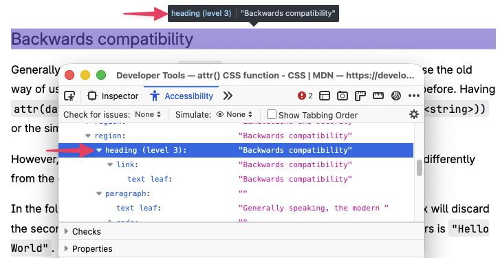 Accessibility panel in Firefox DevTools showing a selected "heading (level 3)" node named "Backwards compatibility."