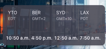 World clock widget in New Tab featuring different time zones for YTO, BER, SYD, and LAX.