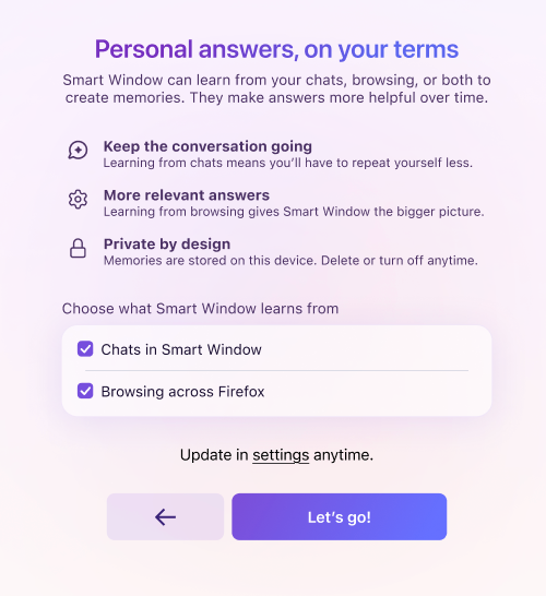 Two radio button controls for the Smart Window Memories feature, including "Chats in Smart Window" and "Browsing across Firefox"