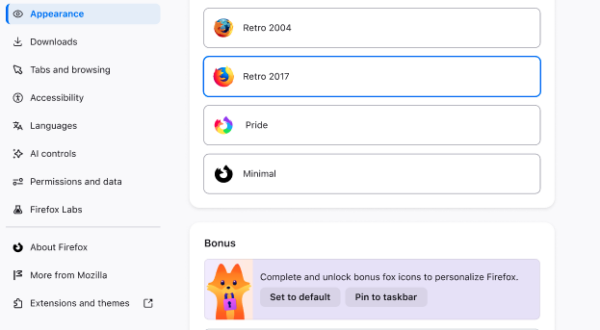 Menu under Appearance settings containing a list of icons to choose from to customize the Firefox browser icon.