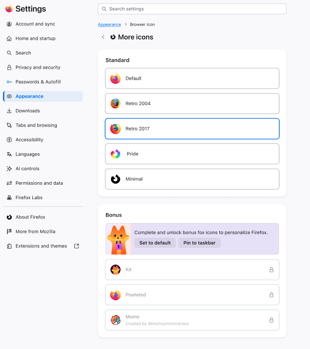 Menu under Appearance settings containing a list of icons to choose from to customize the Firefox browser icon.