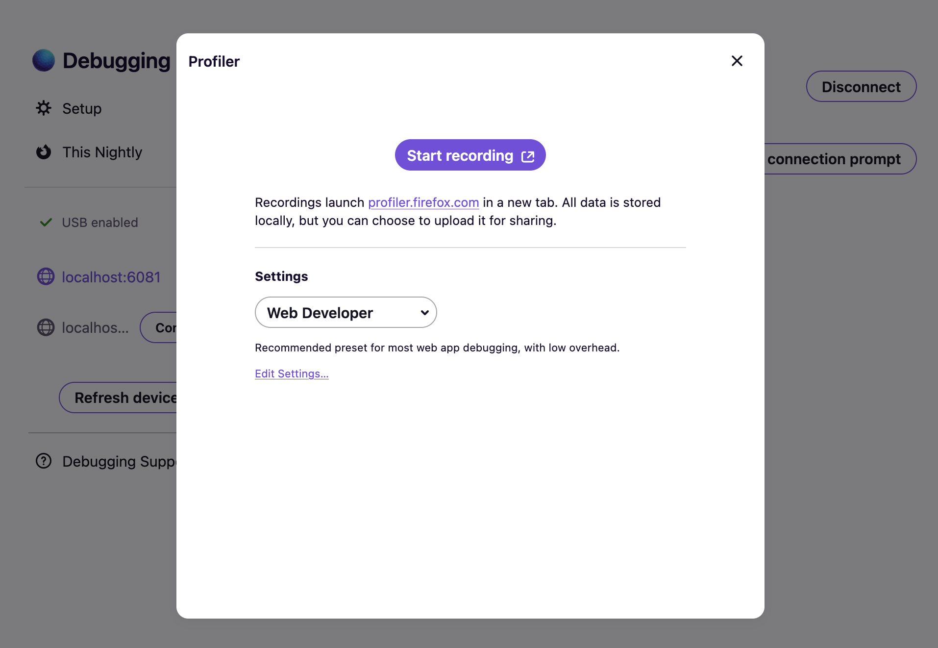 The visually updated about:debugging Performance dialog