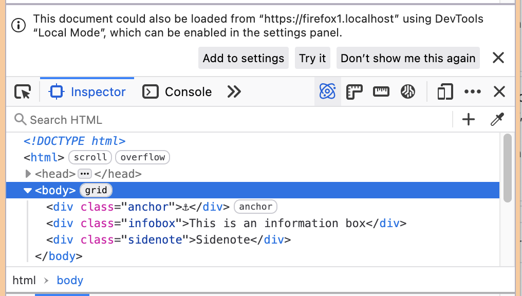 A notification displayed above the DevTools Inspector panel promoting Local Mode.