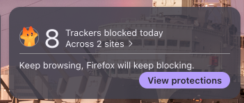 Privacy widget in the New Tab page showing how many trackers were blocked across two sites.