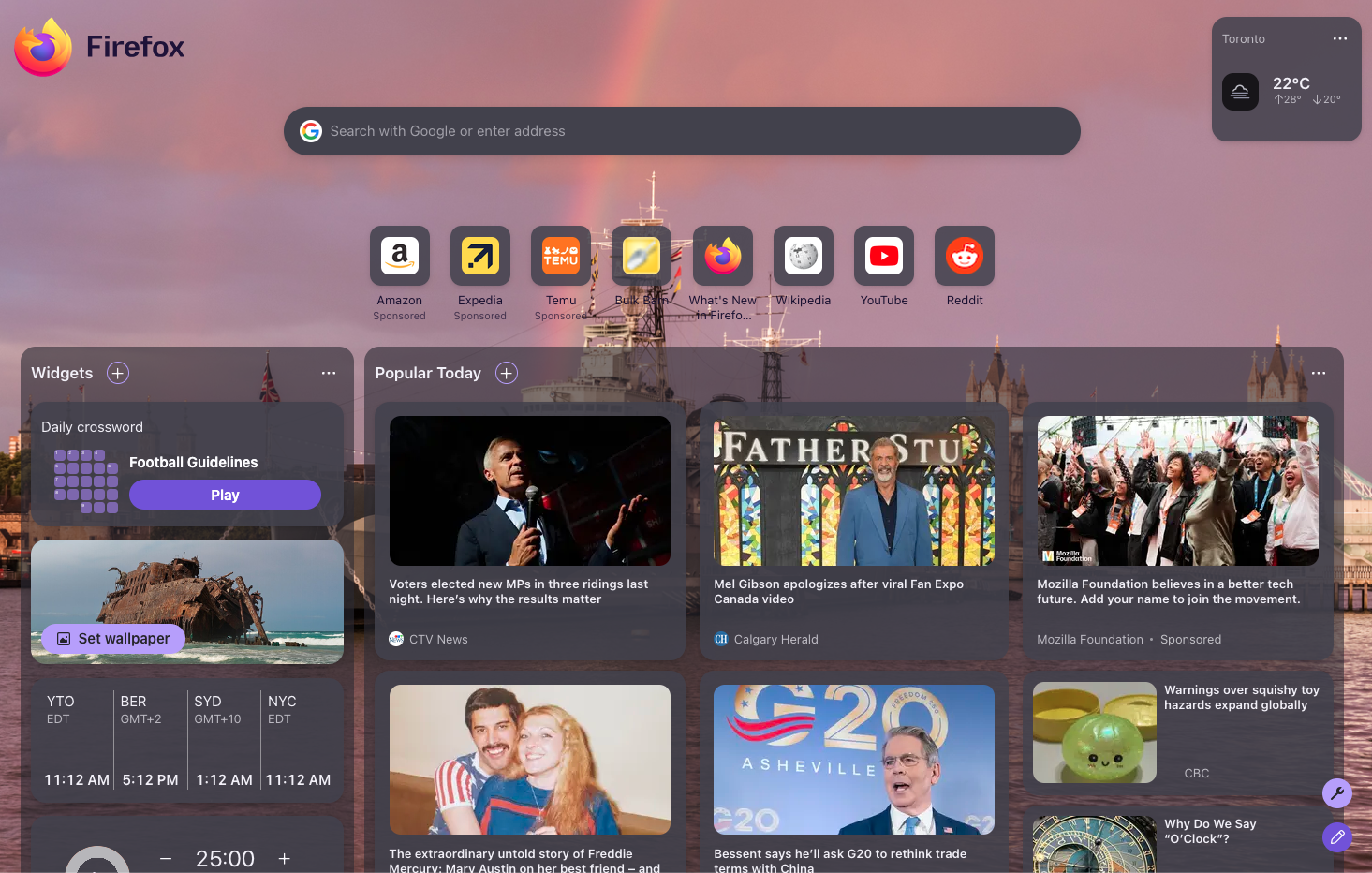 Layout variant for the New Tab page, with the Widgets column situated on the left side of the page.