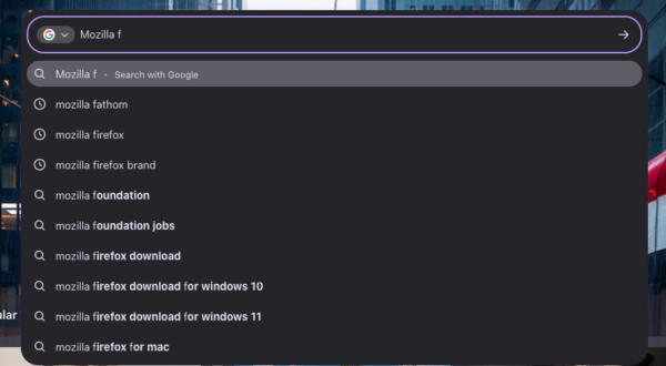 The multi-context address bar for New Tab displaying various search results