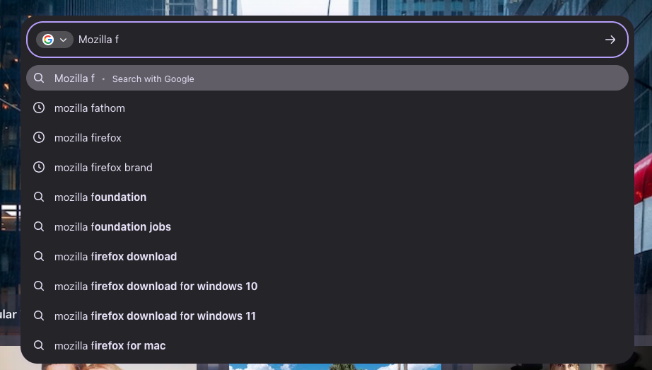 The multi-context address bar for New Tab displaying various search results