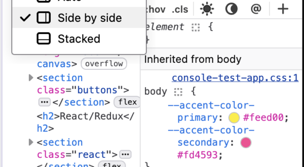 Firefox Developer Tools Inspector showing a layout menu with options “Auto,” “Side by side,” and “Stacked.” “Side by side” is selected, displaying the HTML markup tree on the left and the CSS Rules panel on the right.