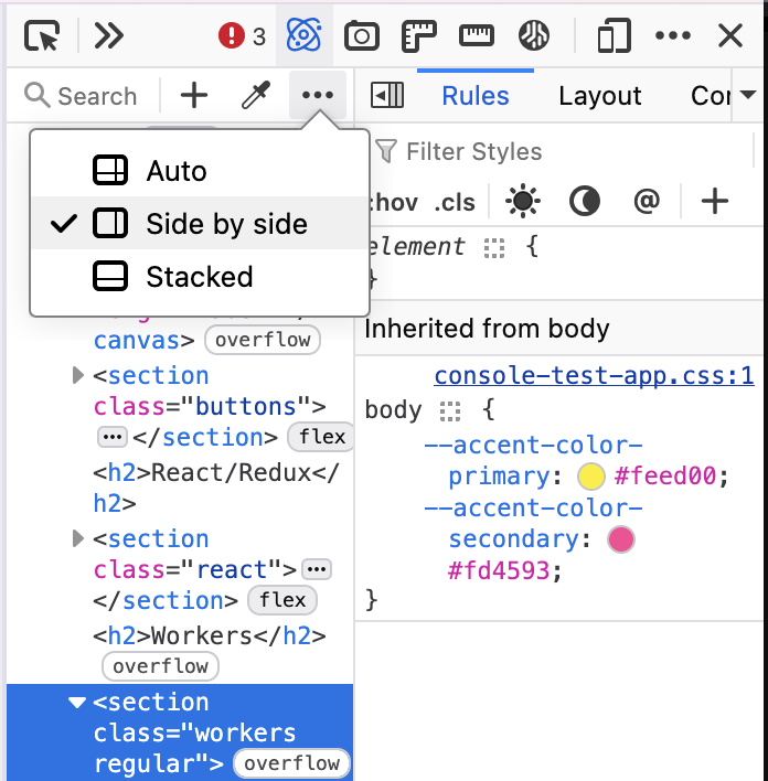 Firefox Developer Tools Inspector showing a layout menu with options “Auto,” “Side by side,” and “Stacked.” “Side by side” is selected, displaying the HTML markup tree on the left and the CSS Rules panel on the right.