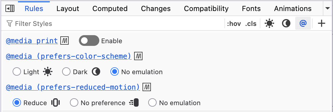 Emulation panel within the DevTools Rules view.