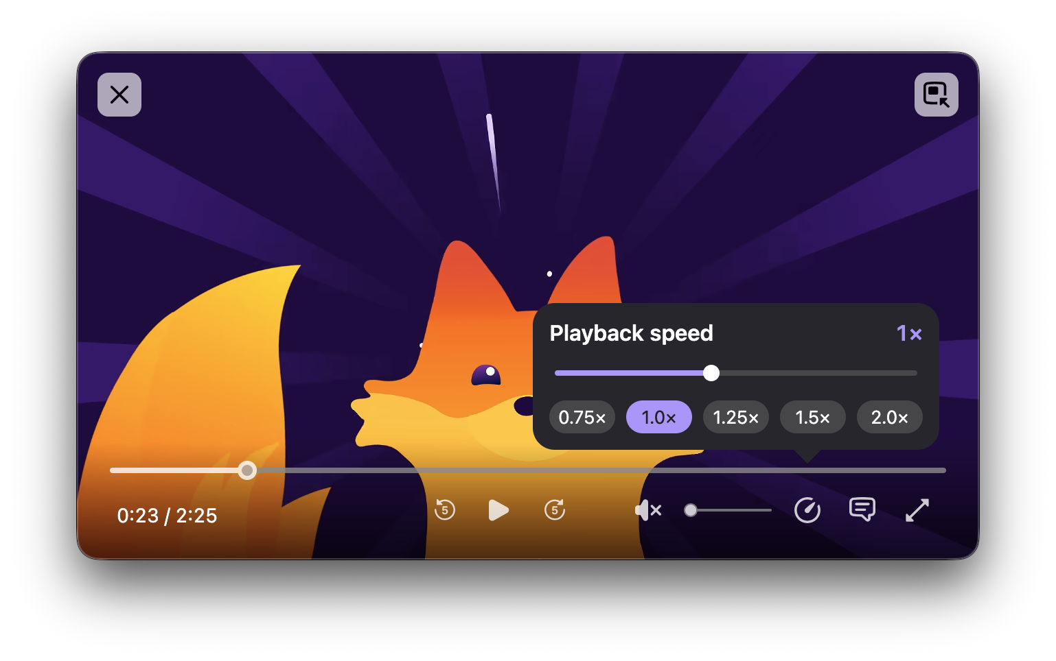 New playback speed settings in the Picture-in-Picture player, including a slider and five different presets to select from.