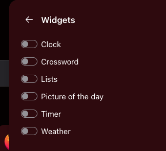 A list of widgets in the Customize panel. Each widget can be enabled or disabled.