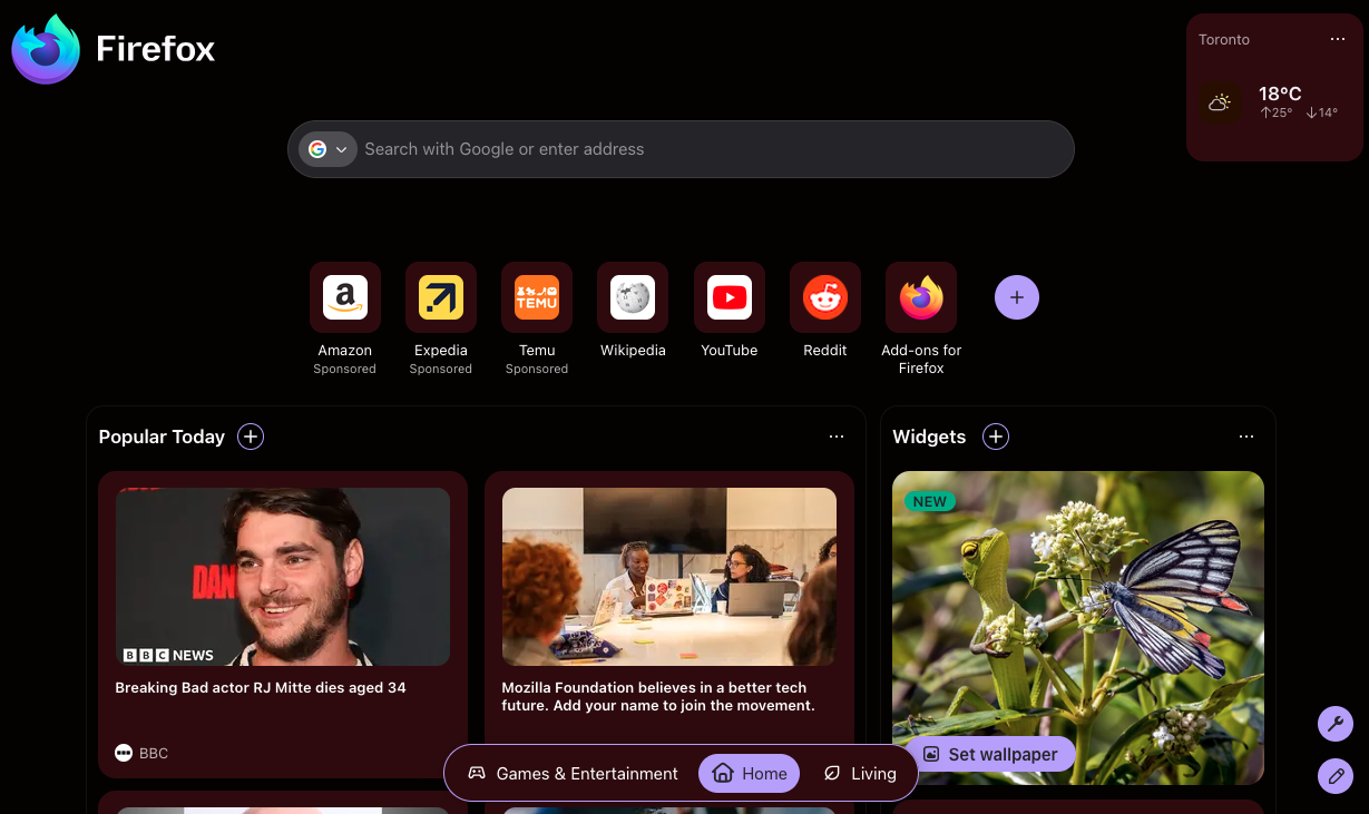 An experimental layout for the New Tab page showing the "Popular Today" category on the left and the "Widgets" category on the right.