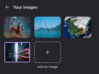 Four preset images in the NewTab custom wallpaper library. plus an option to upload your own image.