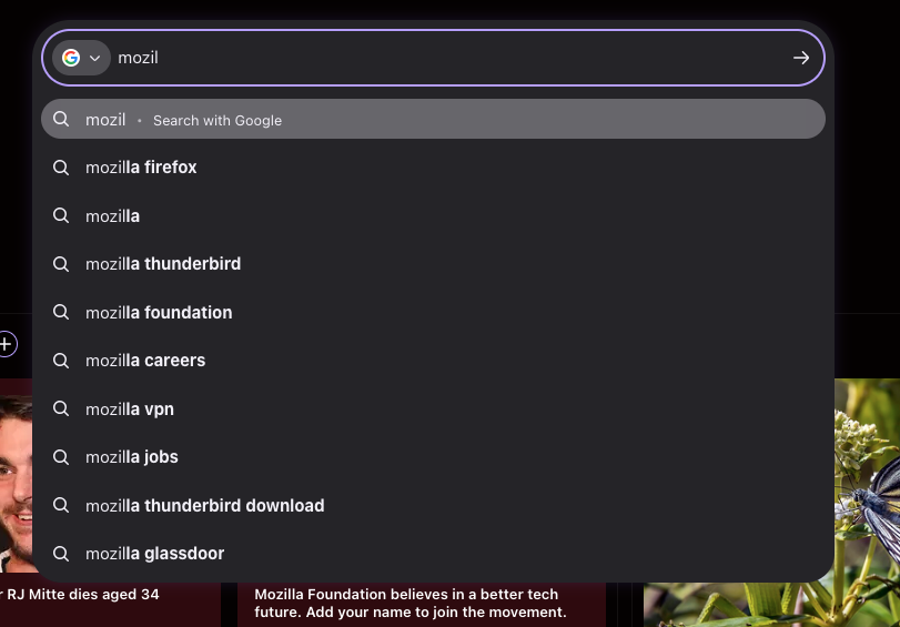 A glimpse of the MCAB search input with various results for "mozil"