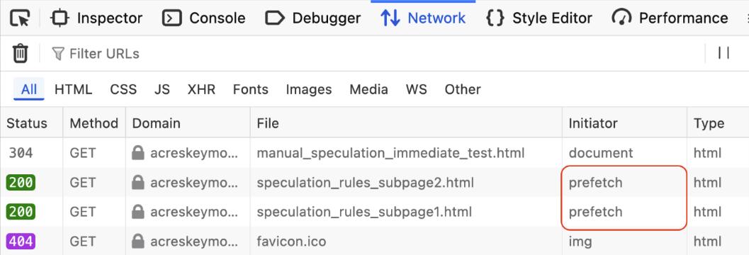 A table of four GET requests in Netmonitor, with two identified as prefetched requests.